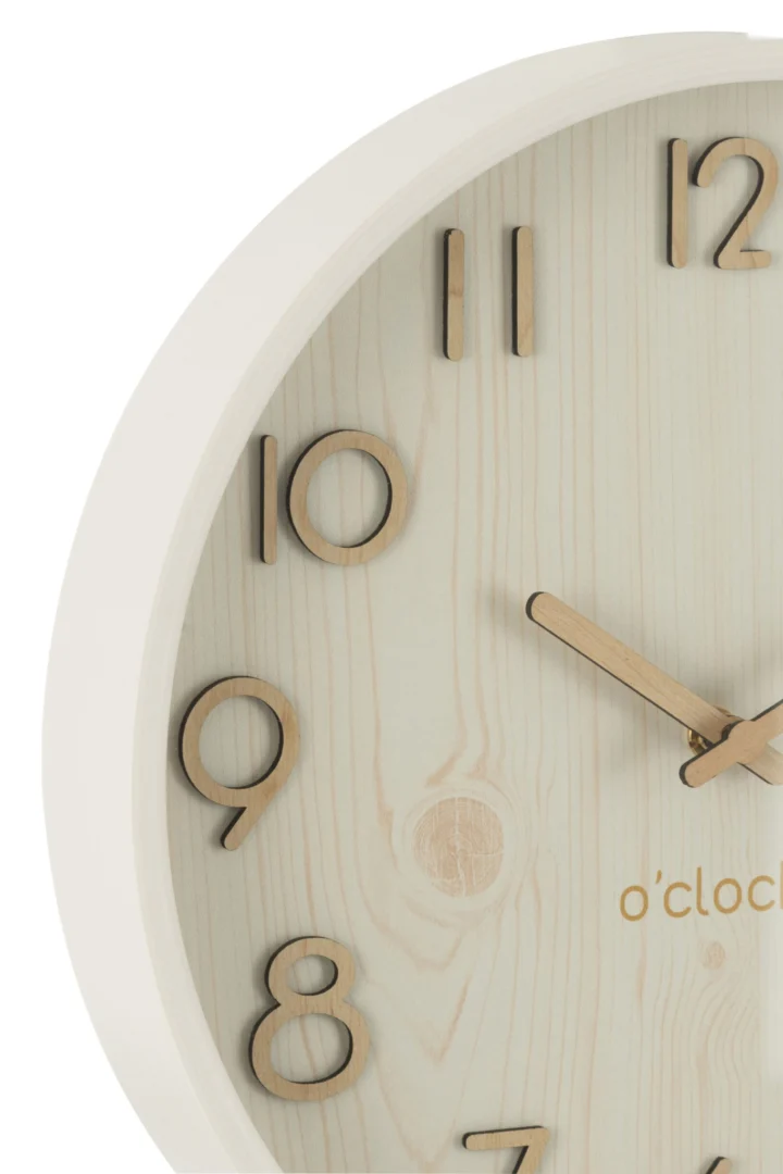Wandklok Neilvaro Wit met houten wijzerplaat, witte rand en ronde 30 cm vorm