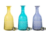 Decoratie Nallona glasflessen set van 3 in geel, turquoise en blauw met gegraveerd patroon