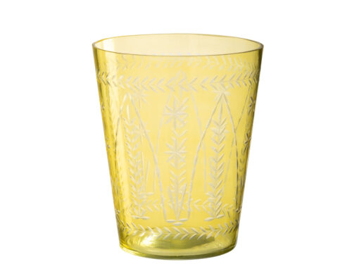 Vaas Veilvum glas geel H23 cm met elegante slanke vorm en ingegraveerd bladmotief