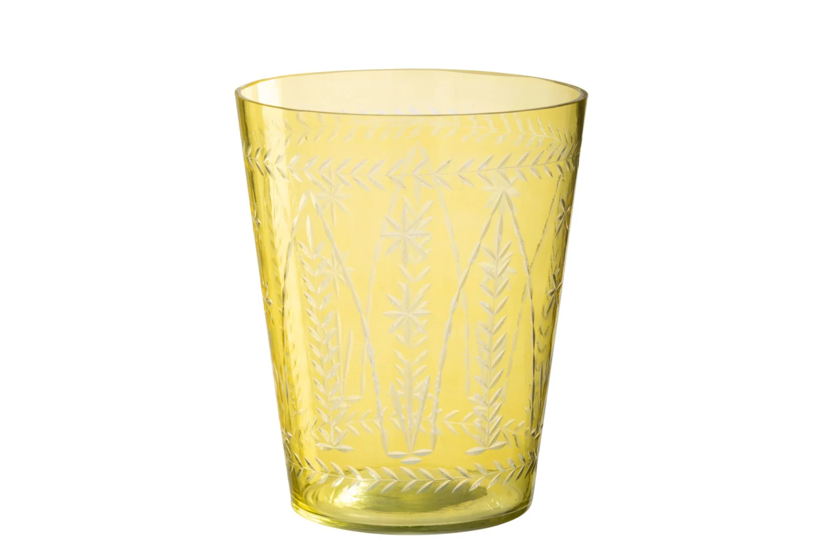 Vaas Veilvum glas geel H23 cm met elegante slanke vorm en ingegraveerd bladmotief