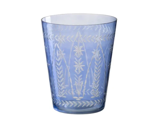 Vaas Maullone blauw glas 23 cm met ronde vorm en fijne gegraveerde bladmotieven