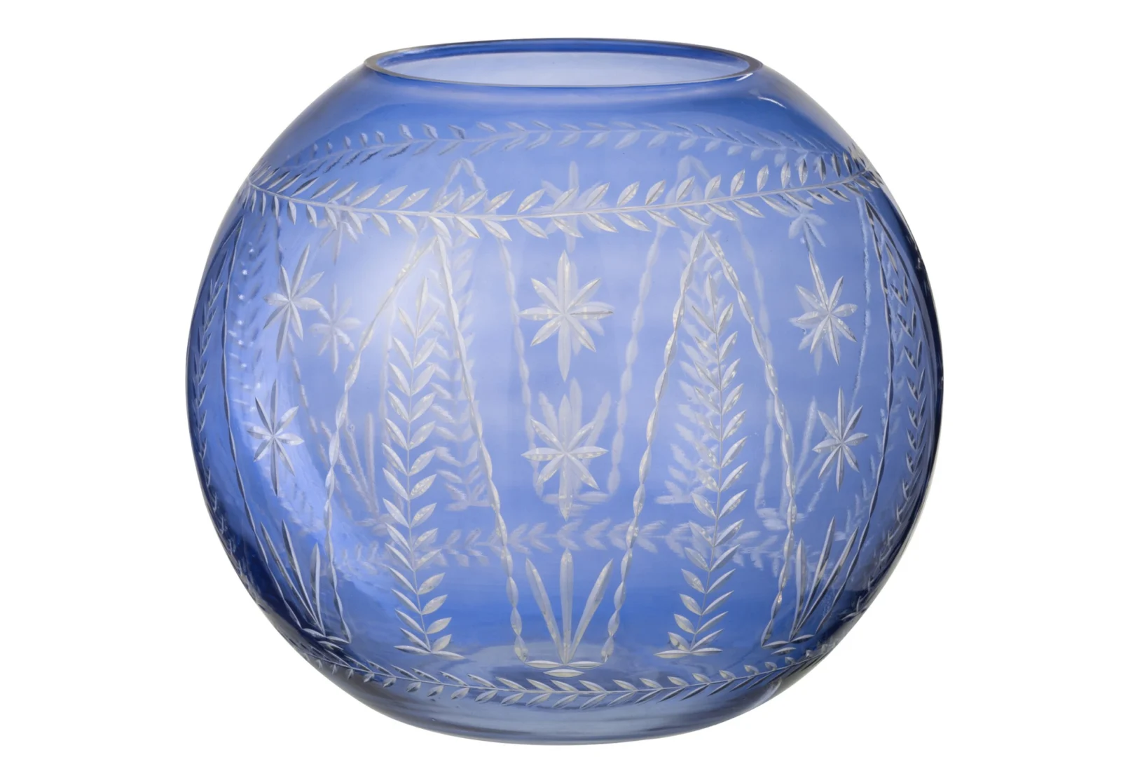 Greebaro blauwe glazen vaas met ronde vorm en gegraveerd bladmotief, H26 cm