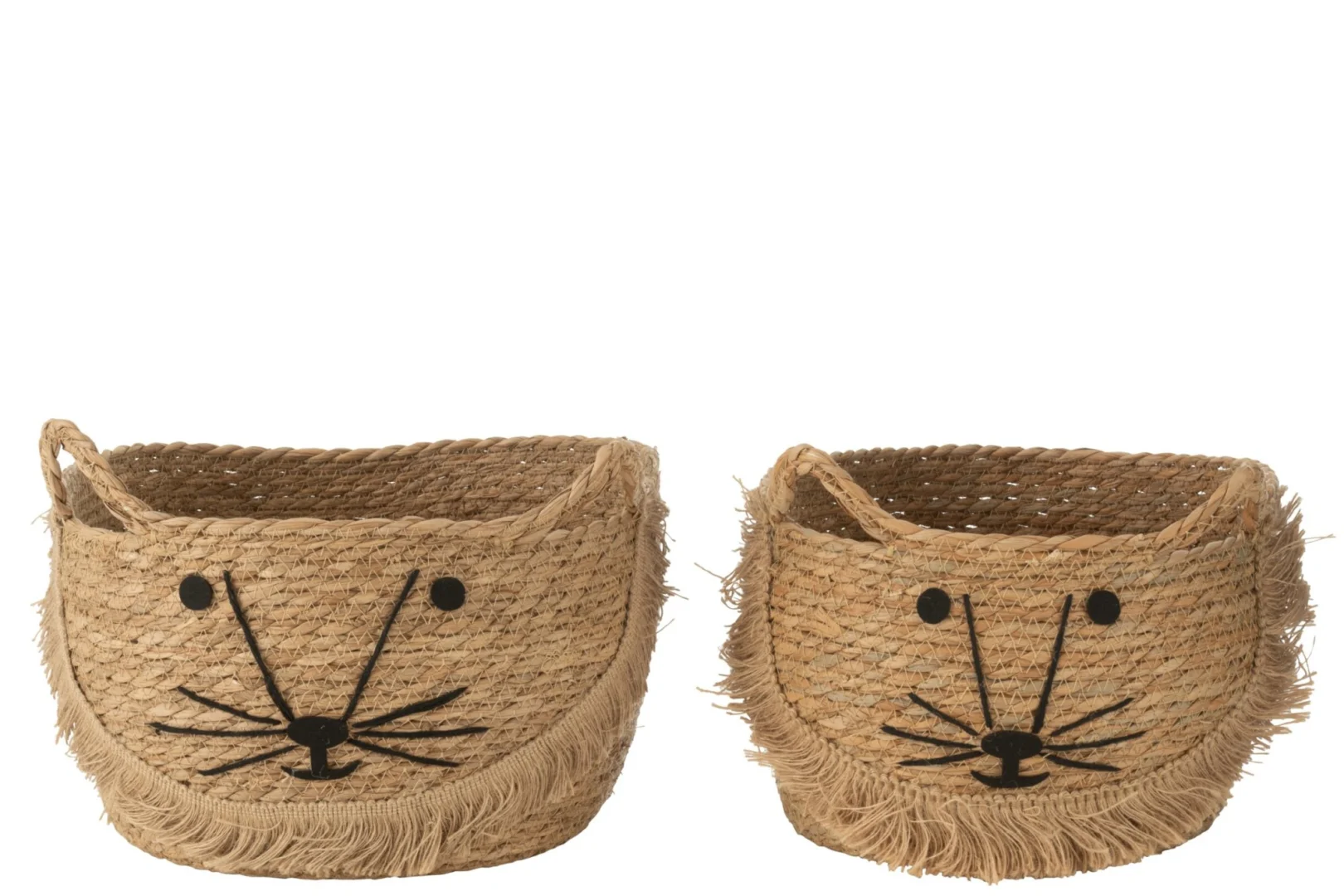 Mand Holvir zeegras naturel set van 2 met speelse kattengezichtjes en franjes, naturel opbergmanden