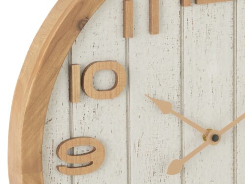 Wandklok Sleiroro wit met ronde houten rand en witte rustieke wijzerplaat, subtiele wanddecoratie 40 cm