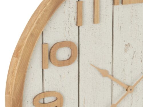 Wandklok Kimea Wit met ronde houten rand, witte wijzerplaat en houten cijfers