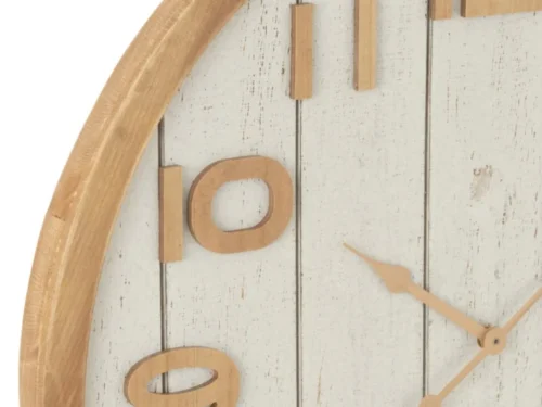 Wandklok Kimea Wit met ronde houten rand, witte wijzerplaat en houten cijfers