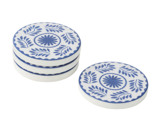 Onderzetter Madone mangohout blauw, set van 4 met blauw-wit bloemmotief