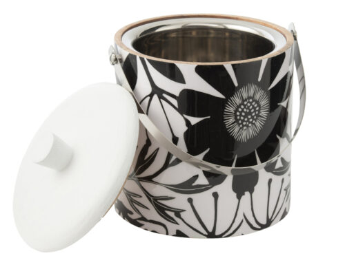Ijsemmer Monty mangohout zwart met bloemmotief en witte deksel, compact decoratief woonaccessoire