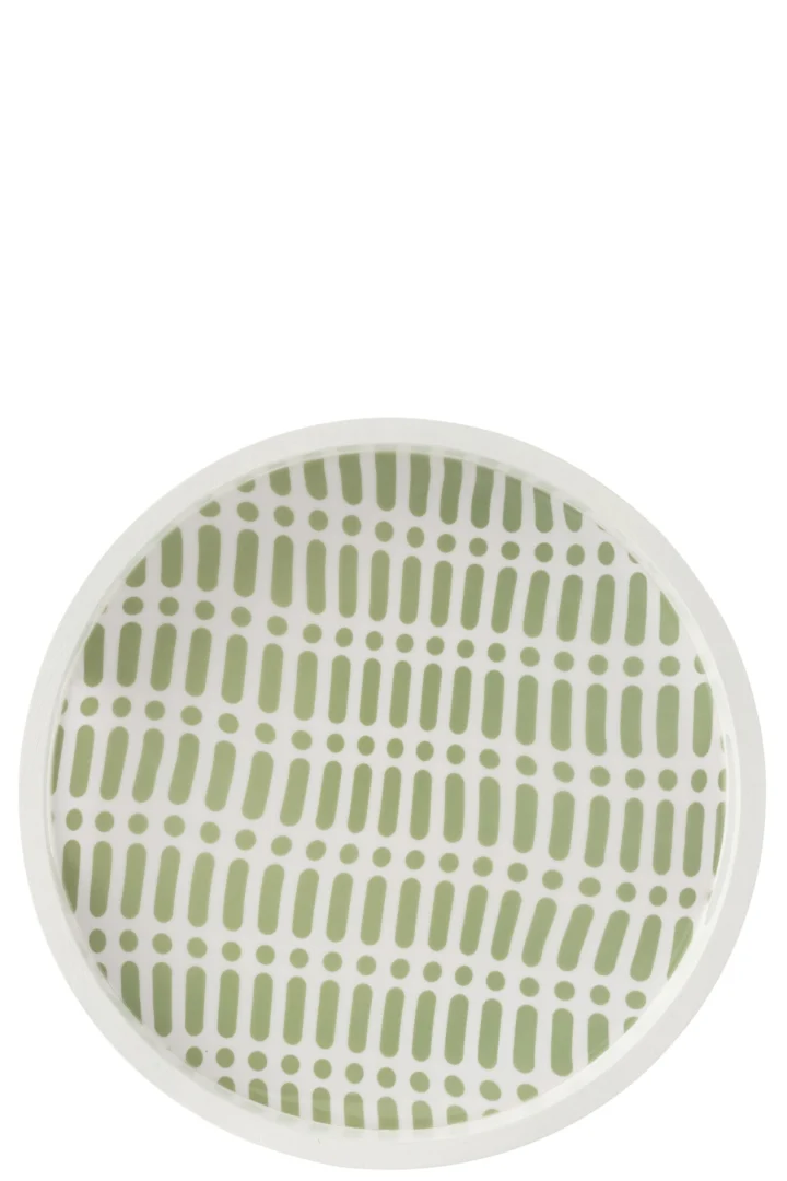 Rond Dienblad Caunsak in groen en wit met abstract patroon, MDF en mangohout, 40 cm breed