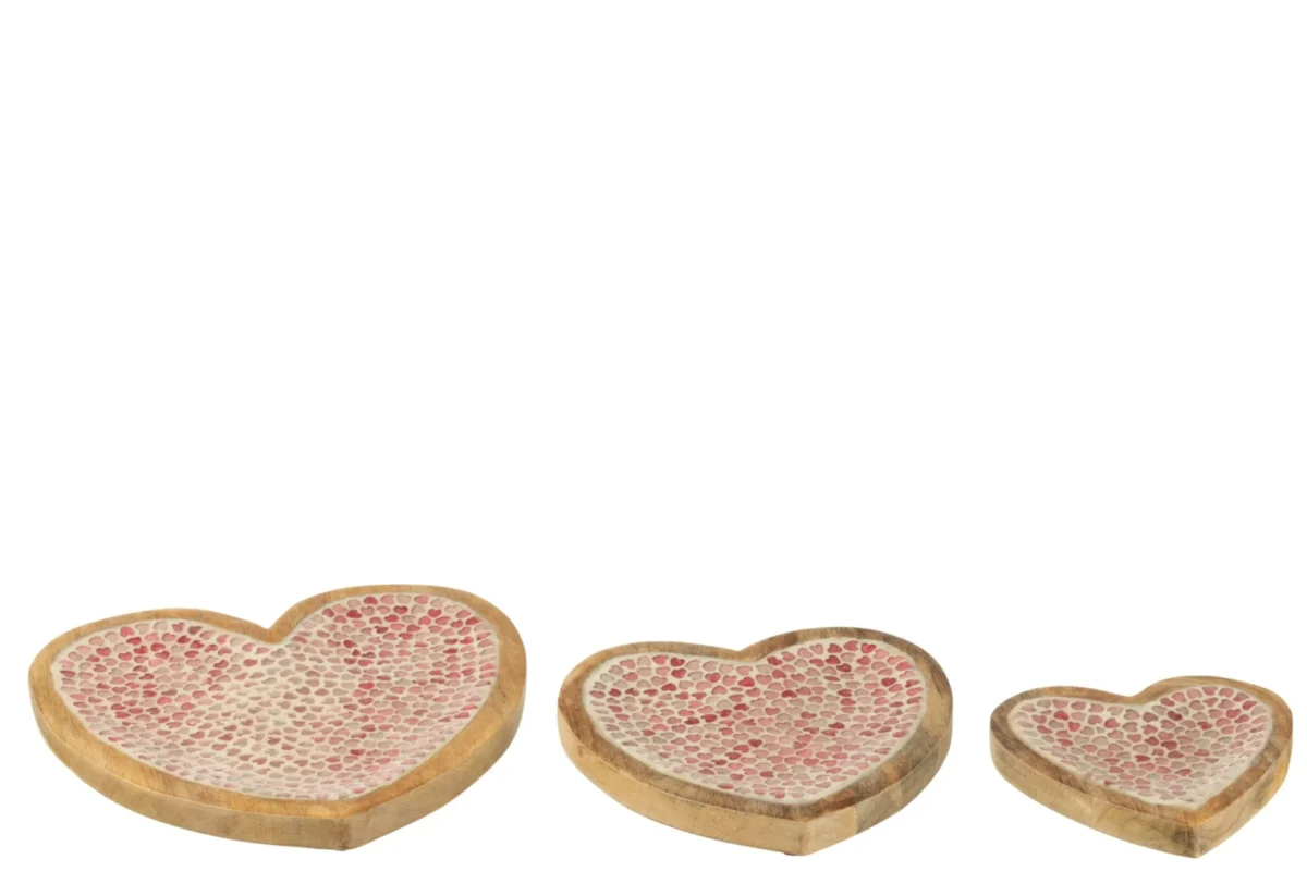 Beitum serveerplankenset van mangohout, hartvormig met roze mozaïekdetails, set van 3