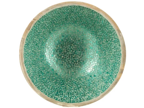 Mozaïekkom Turrer van groen mangohout met glas, ronde decoratieve kom met speelse mozaïekafwerking