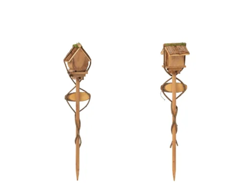 Vogelhuisje Heeg hout naturel set van 2 op stok, slank ontwerp met rustieke afwerking voor tuin of terras