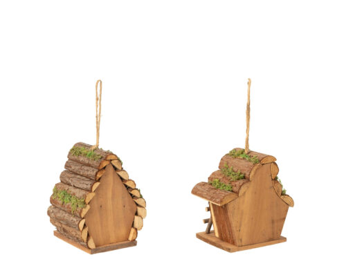 Vogelhuisje Keirrek hout naturel, set van 2, met boomstamlook, mosaccenten en ophangtouw