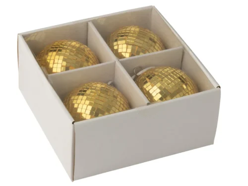 Spiegel Breendor geel 11 cm, 4 glanzende kerstballen in doos met spiegelglas afwerking