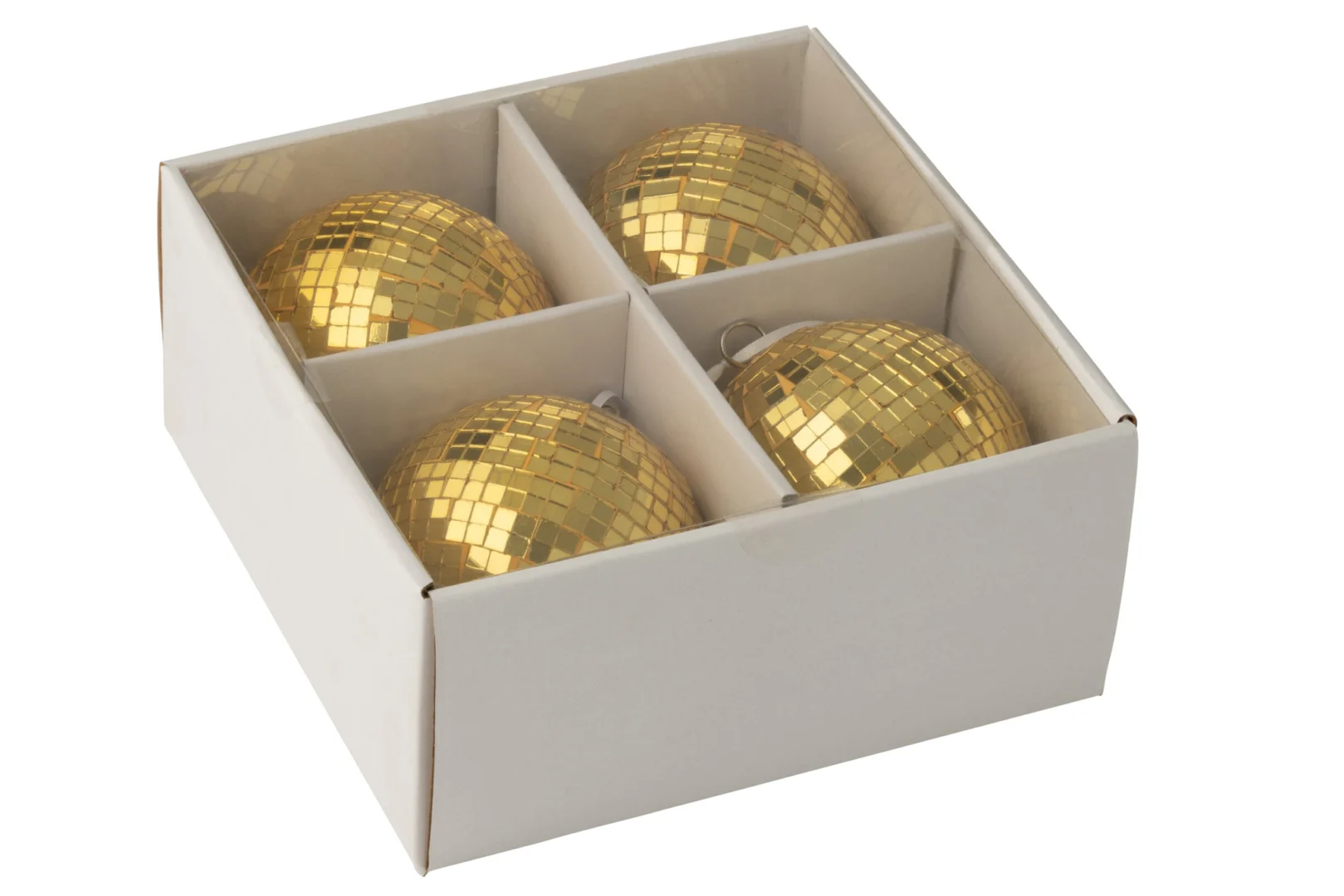 Spiegel Breendor geel 11 cm, 4 glanzende kerstballen in doos met spiegelglas afwerking