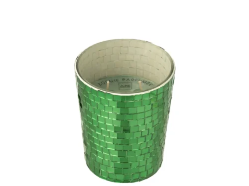 Groondek geurkaars in groen spiegelglas, met mozaïekstructuur en luxe uitstraling voor sfeervol interieur