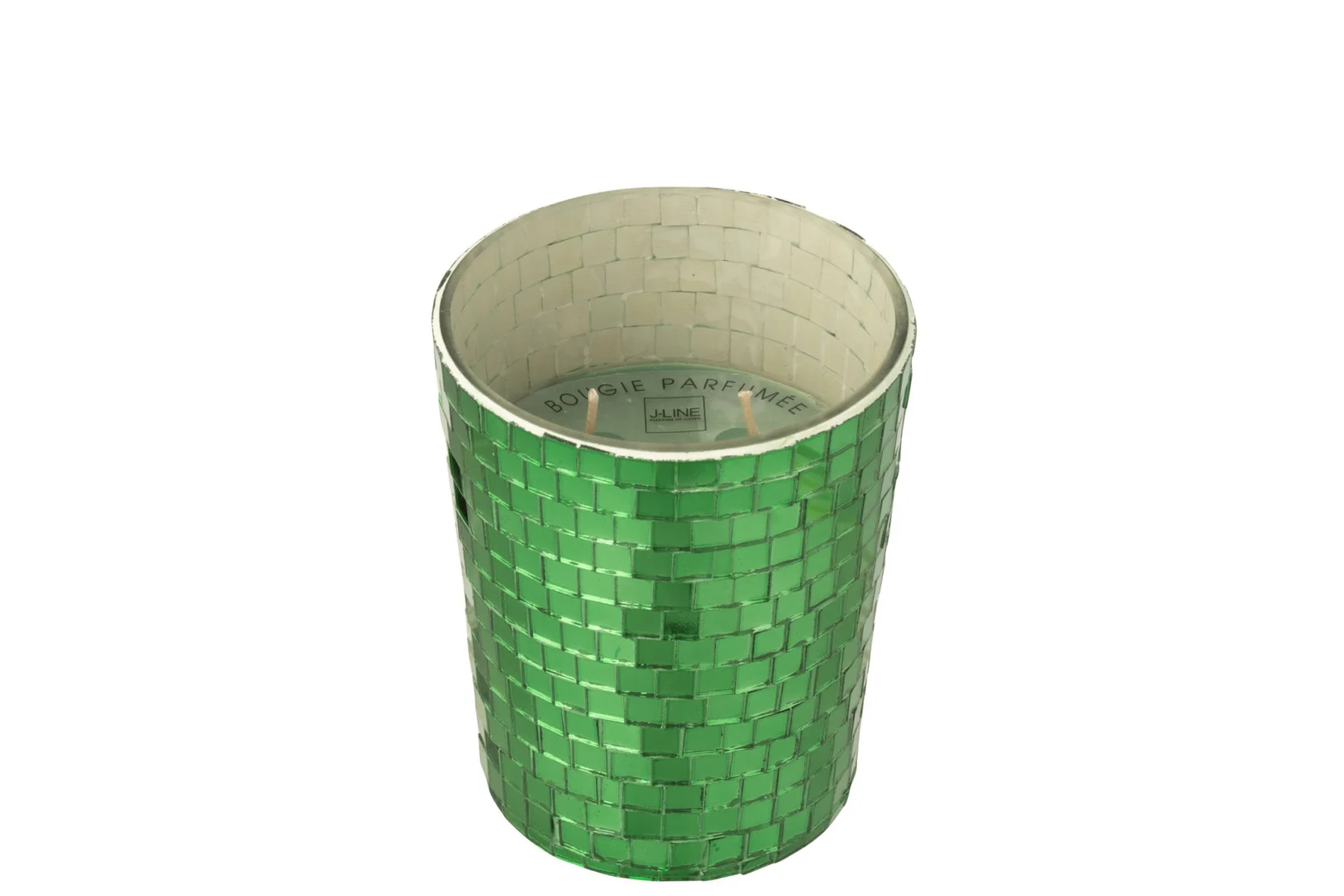 Groondek geurkaars in groen spiegelglas, met mozaïekstructuur en luxe uitstraling voor sfeervol interieur