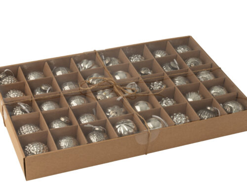 Opbergdoos Nautos Glas Zilver met 40 zilverkleurige glazen kerstballen in 8 motieven, netjes verpakt in vakjes