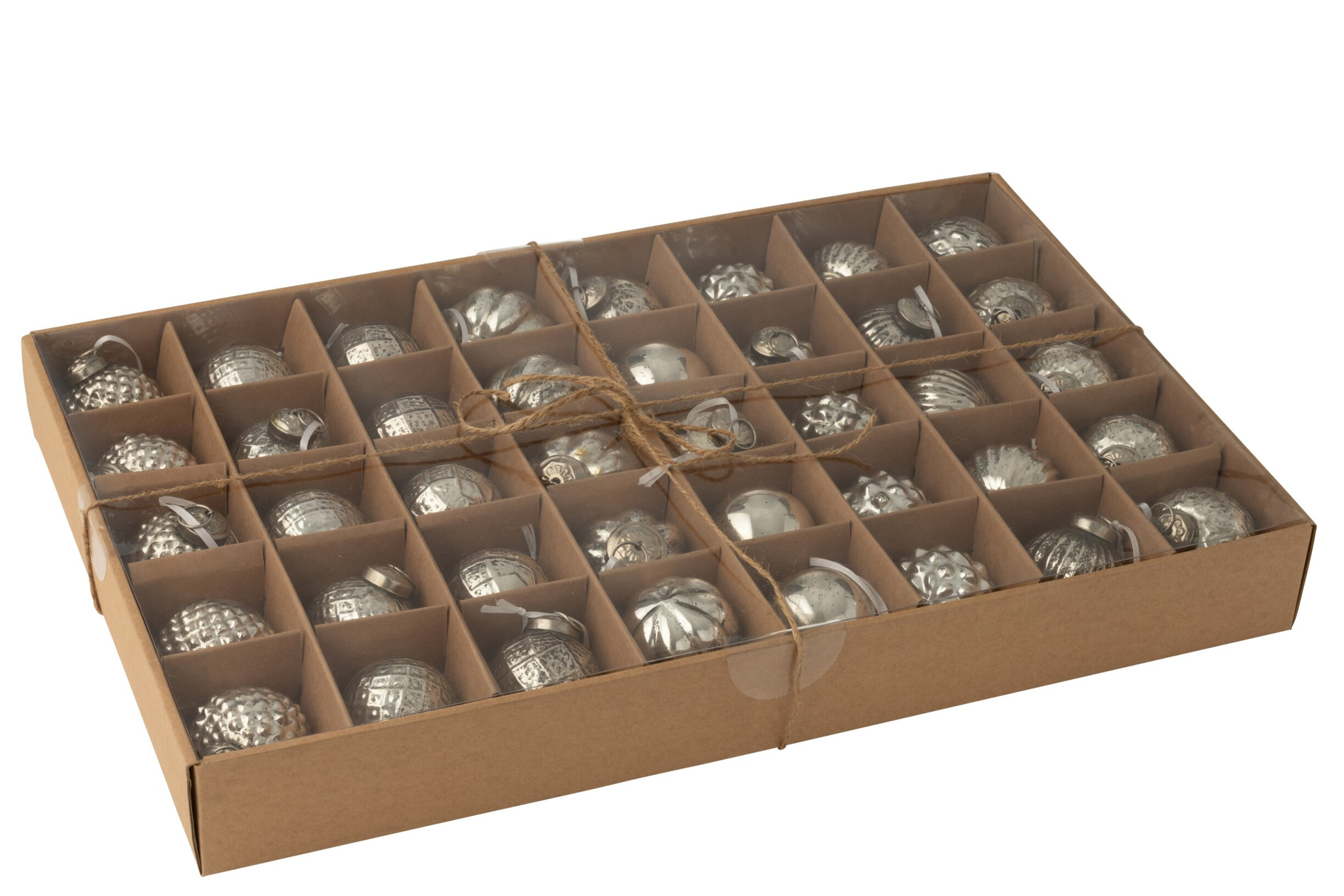Opbergdoos Nautos Glas Zilver met 40 zilverkleurige glazen kerstballen in 8 motieven, netjes verpakt in vakjes