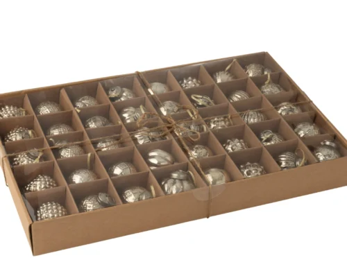 Tronsang glas opbergdoos met 40 goudkleurige kerstballen in 8 dessins, netjes verpakt in vakjes
