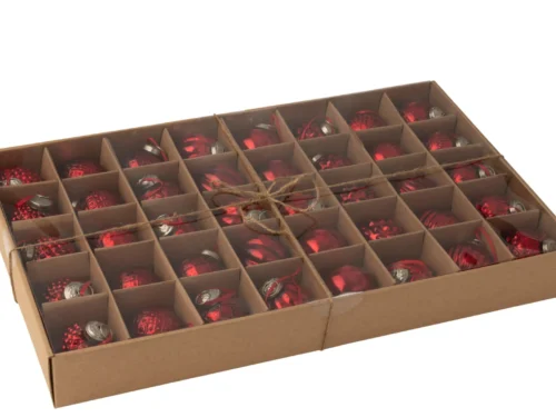 Opbergdoos Bruskand Glas Rood met vakverdeling, gevuld met rode kerstballen en lintsluiting