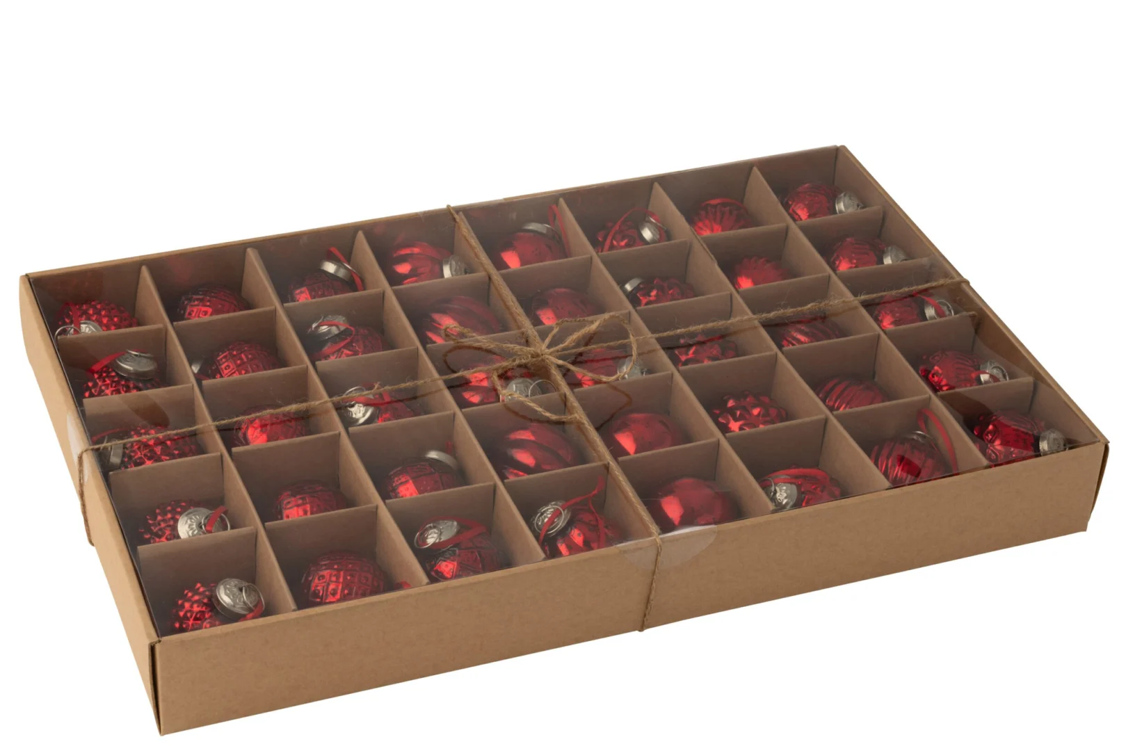 Opbergdoos Bruskand Glas Rood met vakverdeling, gevuld met rode kerstballen en lintsluiting