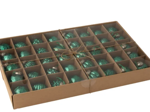 Opbergdoos Peris glas groen, gevuld met 24 groene kerstballen in vakverpakking en jute strik