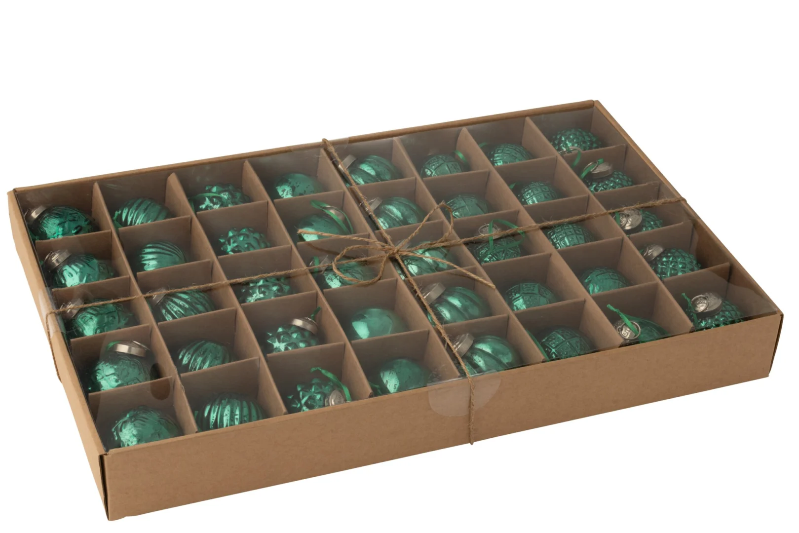 Opbergdoos Peris glas groen, gevuld met 24 groene kerstballen in vakverpakking en jute strik