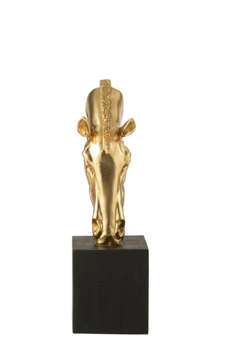 Gouden Hoormer paardenbeeld van polyresin op zwarte voet, 44 cm hoog, decoratief woonaccessoire