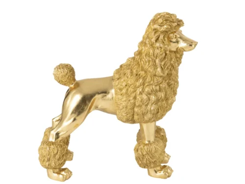 Gouden Nieskang poedelbeeld van polyresin, staand decoratief beeld met luxe details en lange vachtvoering
