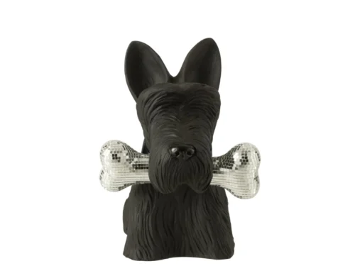 Beeld Staulane zwarte Scottish Terrier met zilveren botdetail, decoratief polyresin, 34 cm hoog