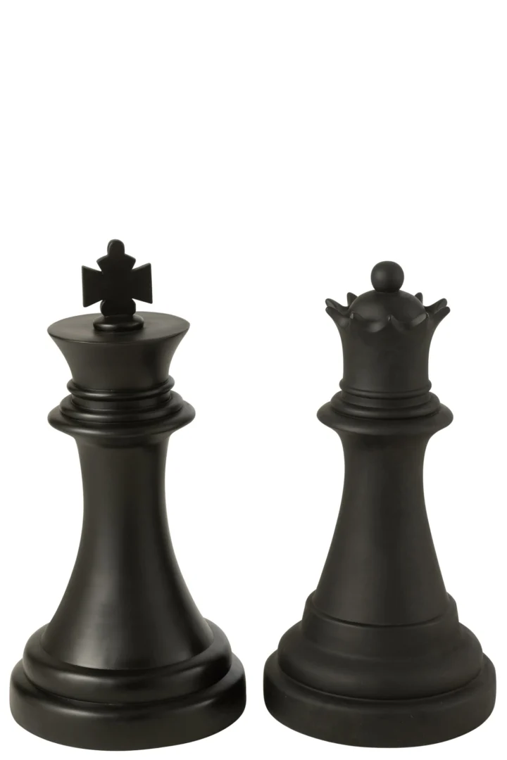Woonaccessoire Teeldund polyresin zwart: decoratieve zwarte schaakstukken koning en koningin met stijlvolle matte afwerking