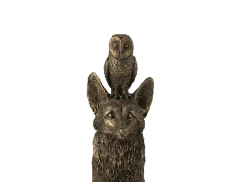 Decoratiefiguur Darru bronzen vos met uil, polyresin beeld, 28 cm hoog