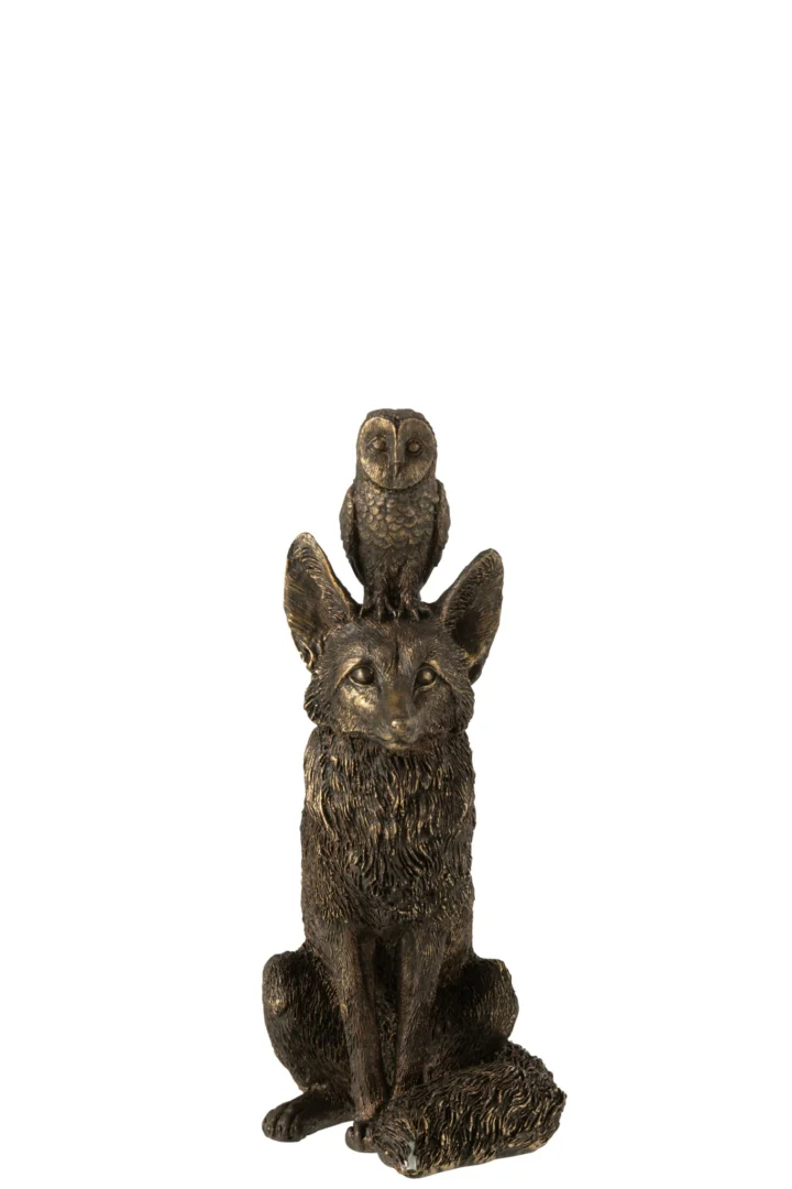 Decoratiefiguur Darru bronzen vos met uil, polyresin beeld, 28 cm hoog