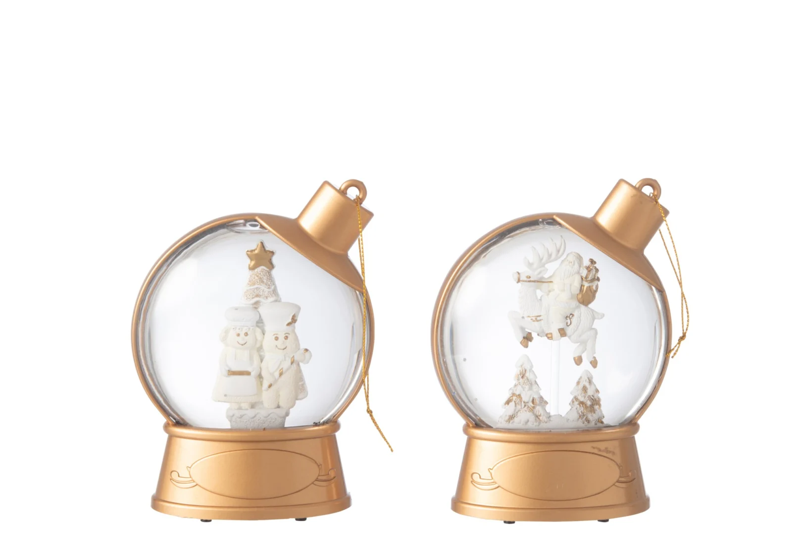 Set van 2 Stantor decoratiefiguren in waterbol, wit met goudkleurige accenten en winterse kerstfiguren