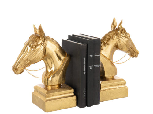 Moolty gouden polyresin boekensteunen set van 2 met paardenhoofd, decoratief en stevig voor boekenplank
