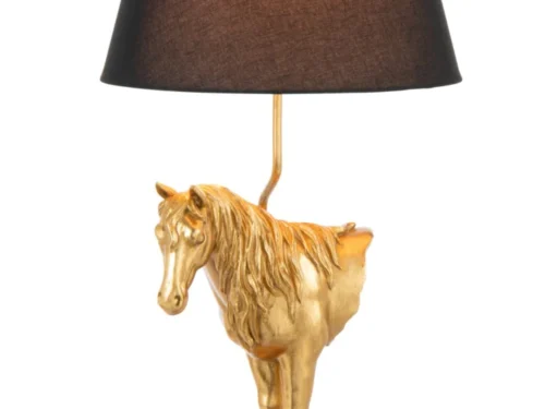 Tafellamp Ziskond Polyresin H70 cm met gouden paardenvoet, zwarte kap en schakelaar