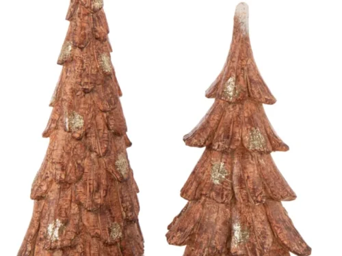Decoratie Prielo bruine polyresin boomfiguren met houtlook en gouden accenten, set van twee woonaccessoires