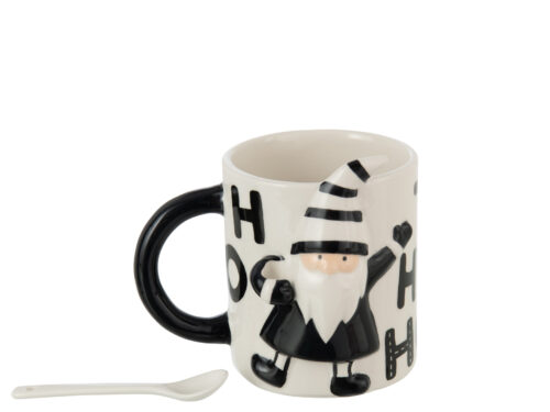 Mok Sevilla Dolomiet Wit met Santa Claus-design, zwarte accenten en meegeleverde lepel
