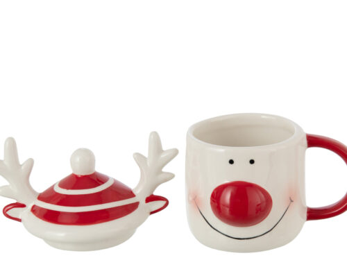 Mok Taasun Dolomiet Wit met rood rendiergezicht en bijpassend deksel voor kerstkoffie