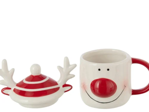 Mok Taasun Dolomiet Wit met rood rendiergezicht en bijpassend deksel voor kerstkoffie