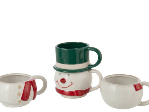 Mok Beellone Steen meerkleurig set van 4, speelse kerstmok met sneeuwman en rood-groene accenten