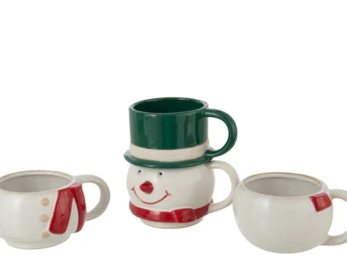 Mok Beellone Steen meerkleurig set van 4, speelse kerstmok met sneeuwman en rood-groene accenten
