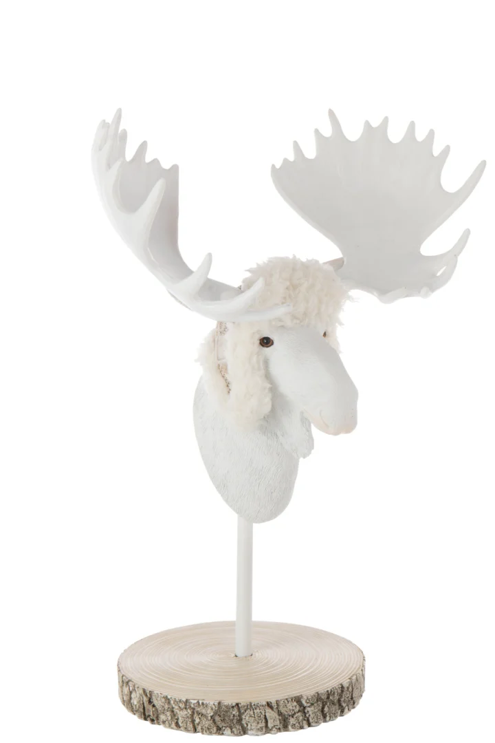 Decoratiefiguur Madrid beige rendierkop op houten voet, H49 cm, stijlvol winterse woondecoratie