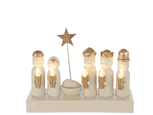 Kerststal Paderborn Goud met LED-verlichting, goud-ecru figuren en ster op compacte voet
