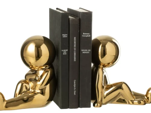 Triellis boekensteun set van 2 in goudkleurig steengoed, met speels zittend figuurdesign
