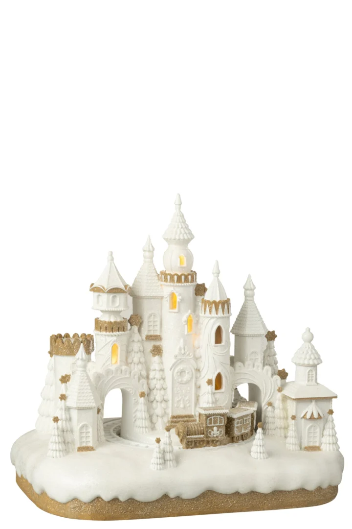 Woonaccessoire Haussas Beige: winters peperkoekkasteel met trein, witte torens en gouden details