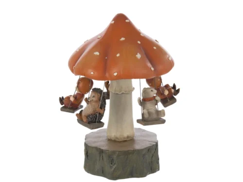Decoratiefiguur Praardia meerkleurig met carousel-paddenstoel, kindfiguren en houten voet, H22 cm