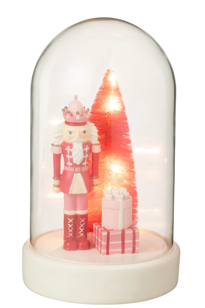 Kunstboom Greilero wit H28,5 cm met licht, notenkraker en cadeaus in glazen stolp