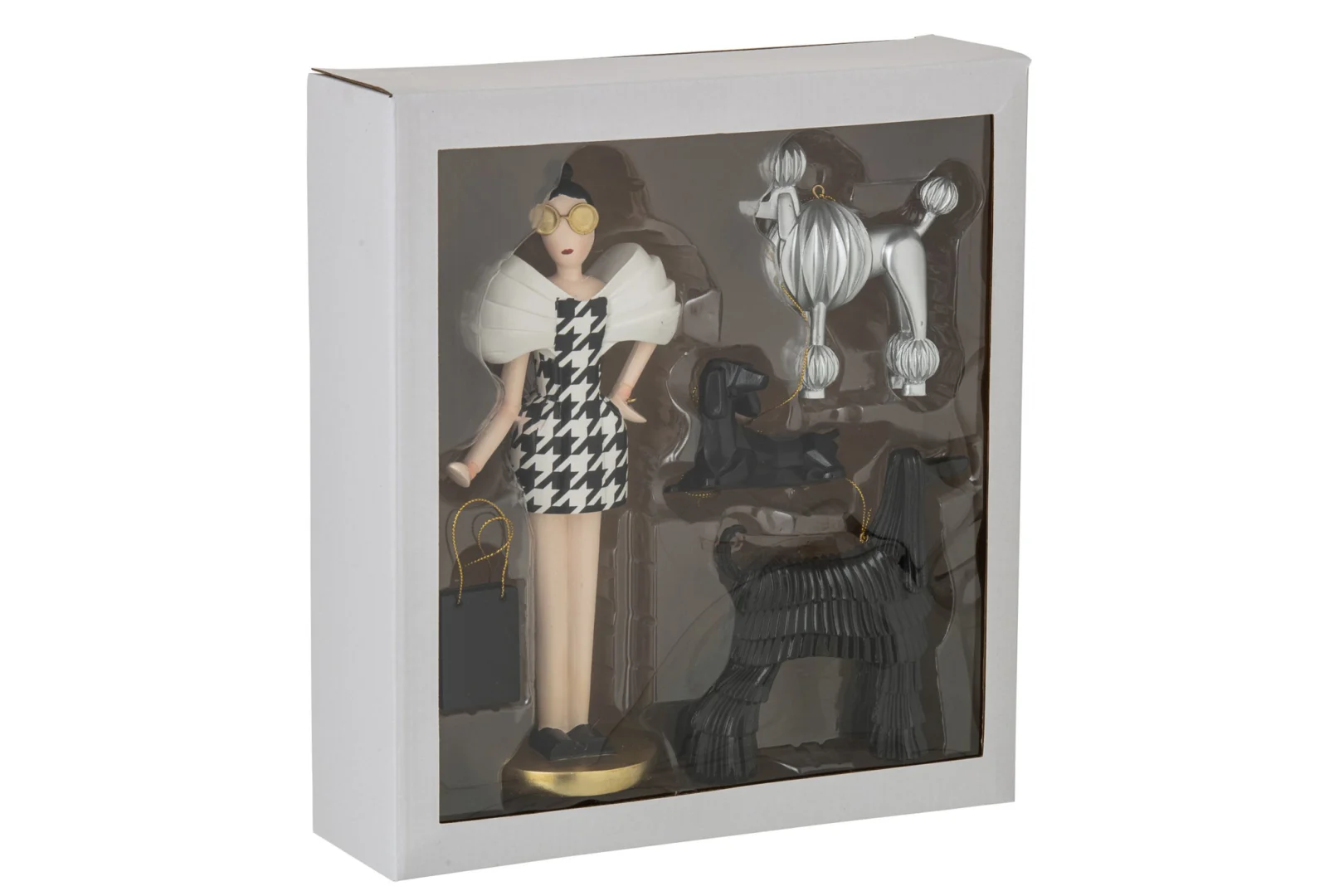 Decoratiefiguur Veessu meerkleurig, stijlvolle vrouw met hond in zwart-wit, H29 cm